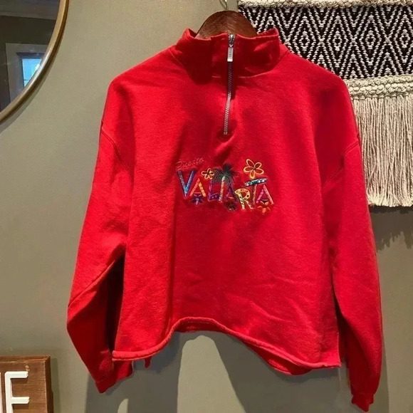 PUERTO VALLARTA RED QUARTER ZIP PULLOVER SWEATER L - Picture 1 of 5